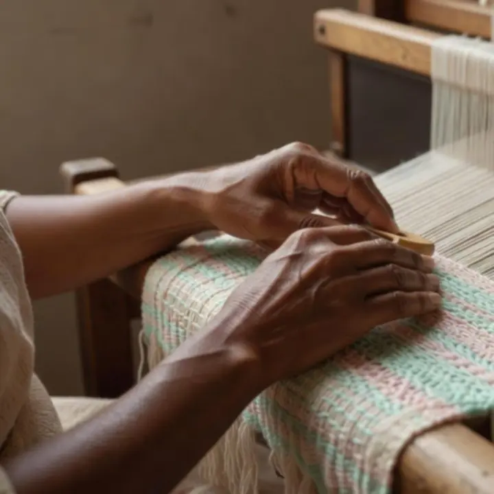 Európai textilmester hagyományos szövési folyamat közben