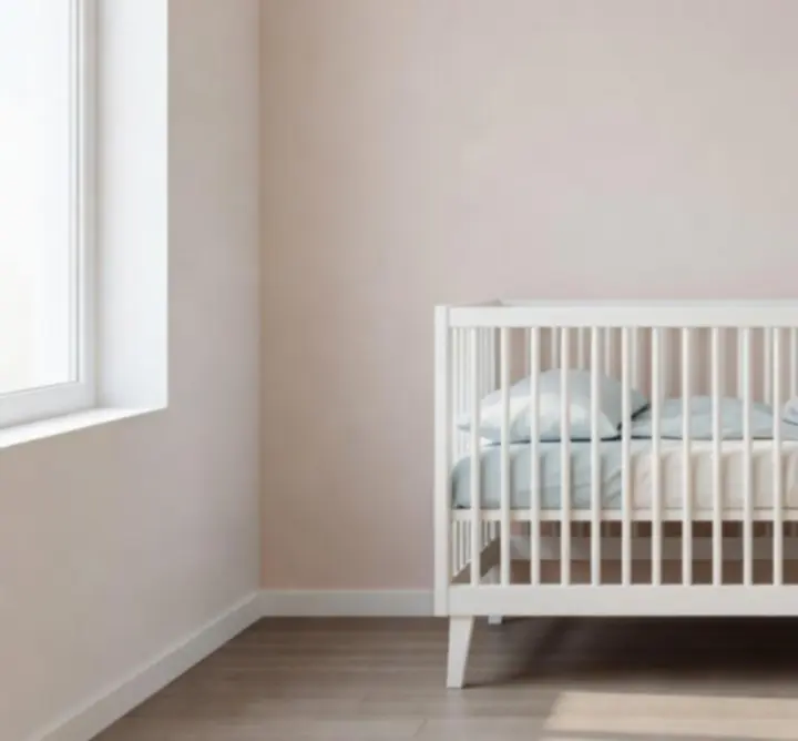 Nyugodt, elegáns babaszoba organikus textíliákkal és természetes fényekkel