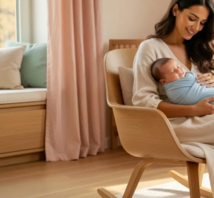 Édesanya és újszülöttje meghitt pillanata a gyerekszobában