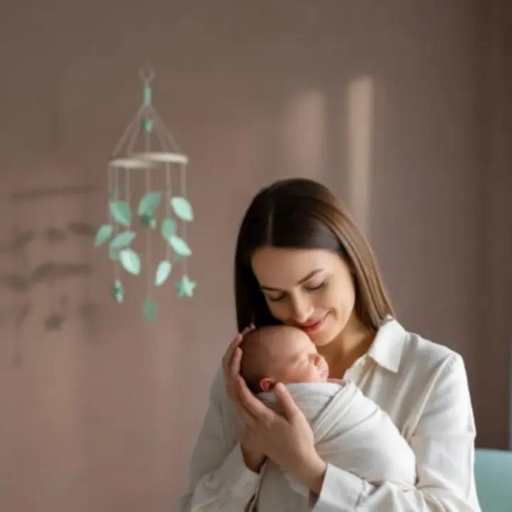 Magyar szülő és csecsemő meghitt pillanata organikus textíliák között